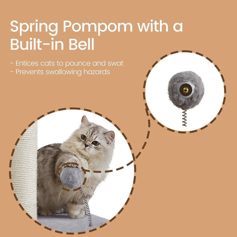Spring pompom toy with a built-in bell attached to the top of the scratching post