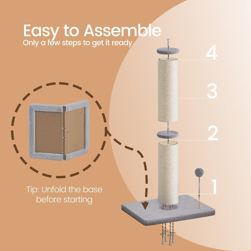 Assembly diagram showing the 4 steps to build the Feandrea cat scratching post