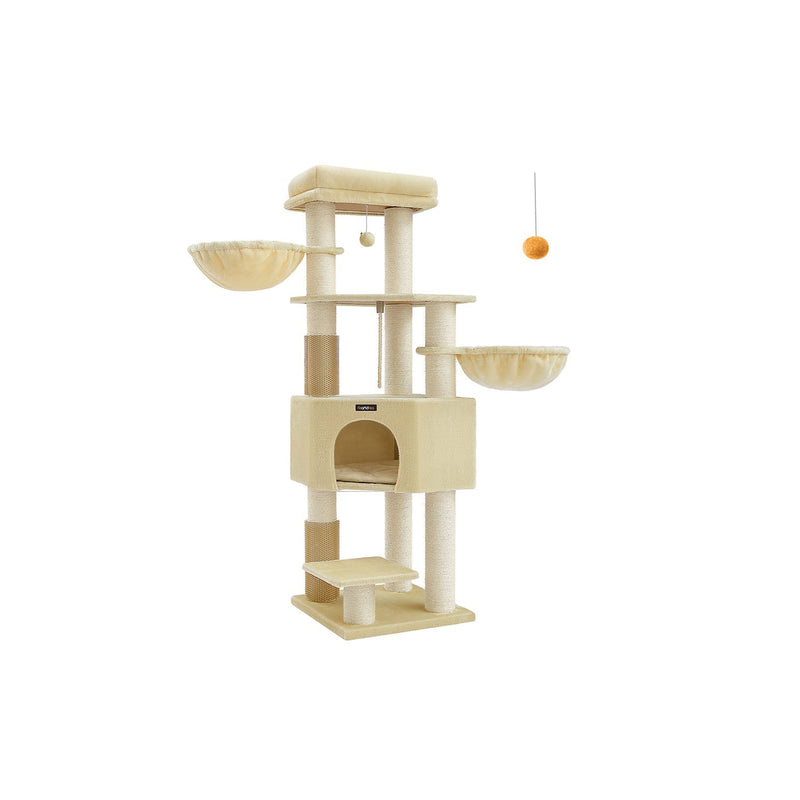Feandrea 160cm cat tree tower in sand beige on a plain background, full front view