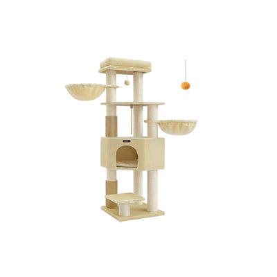 Feandrea 160cm cat tree tower in sand beige on a plain background, full front view