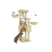 Three cats resting and climbing on the Feandrea sand beige cat tree tower