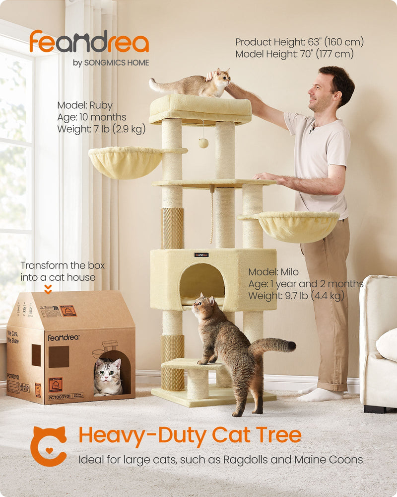 Feandrea cat tree tower next to an adult for scale, showing the 160cm height