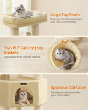 Close-up of the cat tree's large top perch, hanging baskets and covered cat cave
