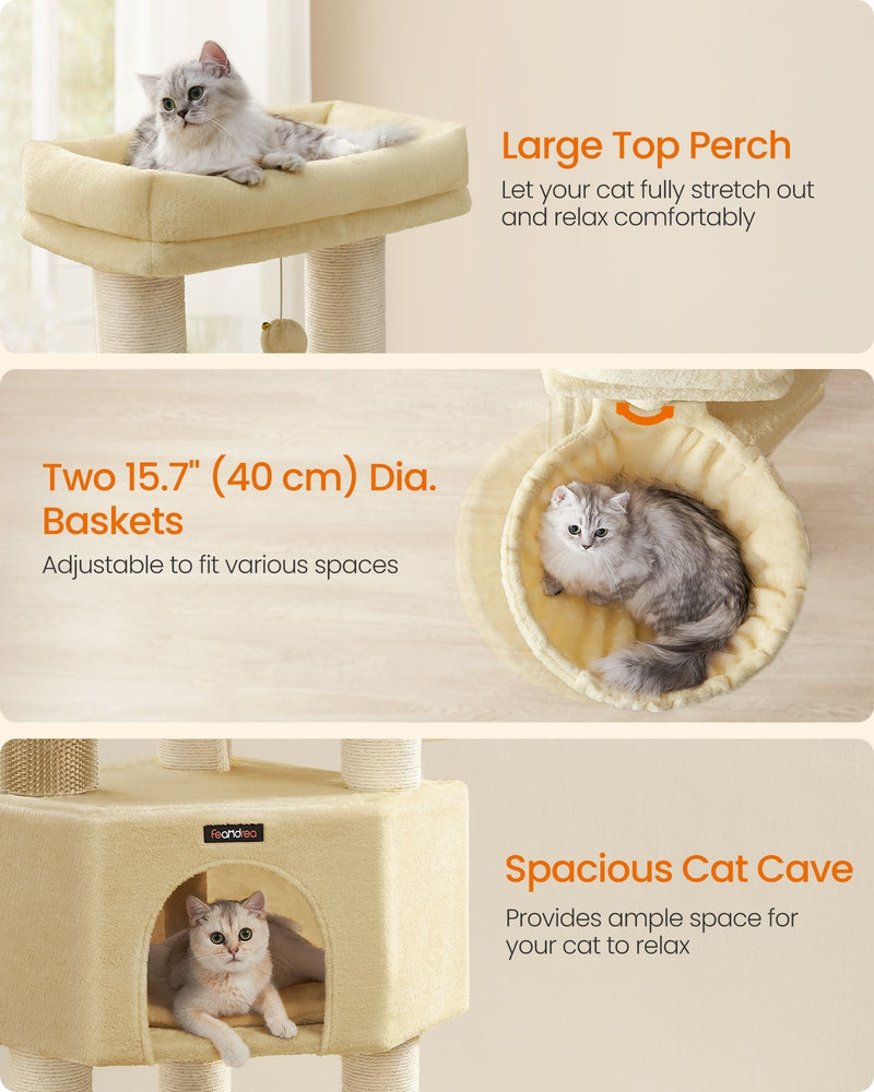 Close-up of the cat tree's large top perch, hanging baskets and covered cat cave