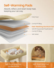 Cross-section of the cat tree's self-warming pad showing plush, foil and foam layers