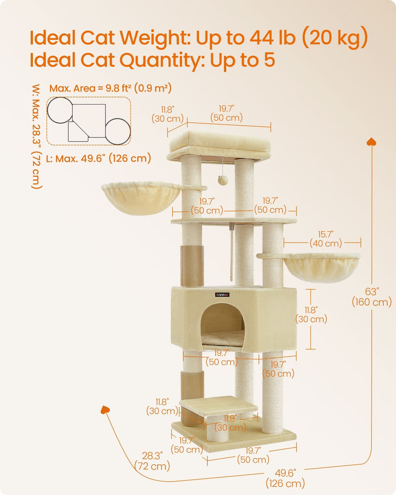Labelled dimensions diagram of the Feandrea cat tree tower, 50 x 50 x 160 cm