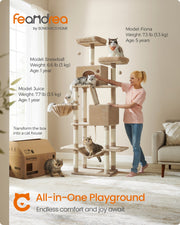 Camel brown cat tree in a home setting with cats climbing