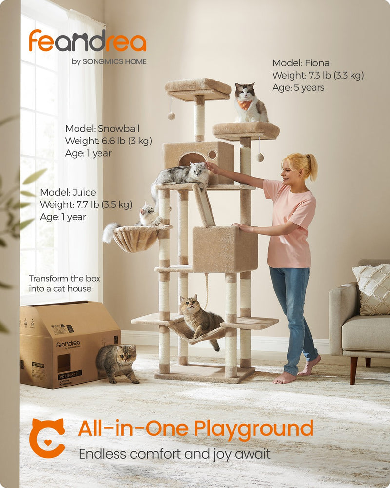 Camel brown cat tree in a home setting with cats climbing