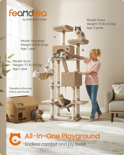 Camel brown cat tree in a home setting with cats climbing