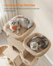 Close-up of the camel brown cat tree cave and padded perch