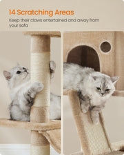 Camel brown cat tree hammock and pompom toy detail