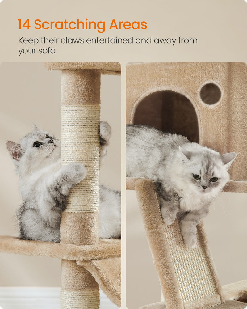 Camel brown cat tree hammock and pompom toy detail