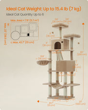 Dimensions diagram for the 206 cm camel brown cat tree