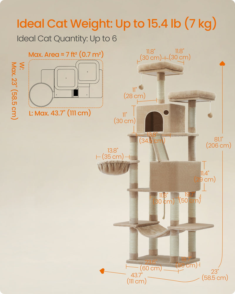 Dimensions diagram for the 206 cm camel brown cat tree