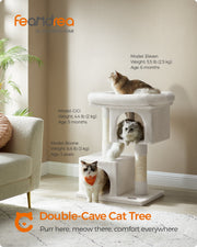 Feandrea cream white cat tree showing the 2 cat caves