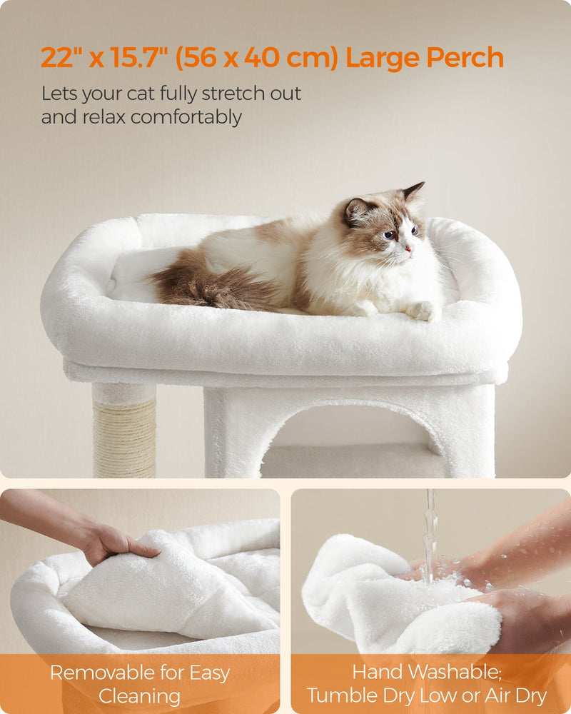 Feandrea cream white cat tree showing the large padded top perch