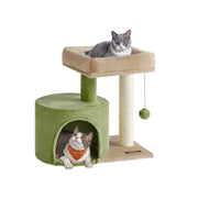Feandrea cat tree in Grass Green and Camel Brown with cats using the condo and perch