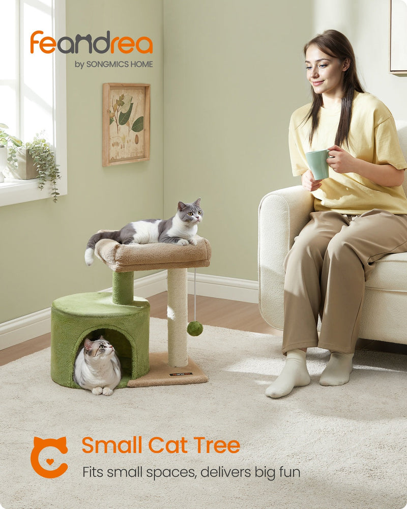 Small Feandrea cat tree styled in a living room next to a sofa