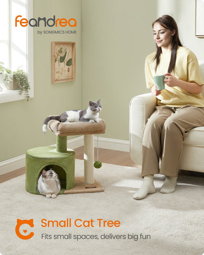Small Feandrea cat tree styled in a living room next to a sofa