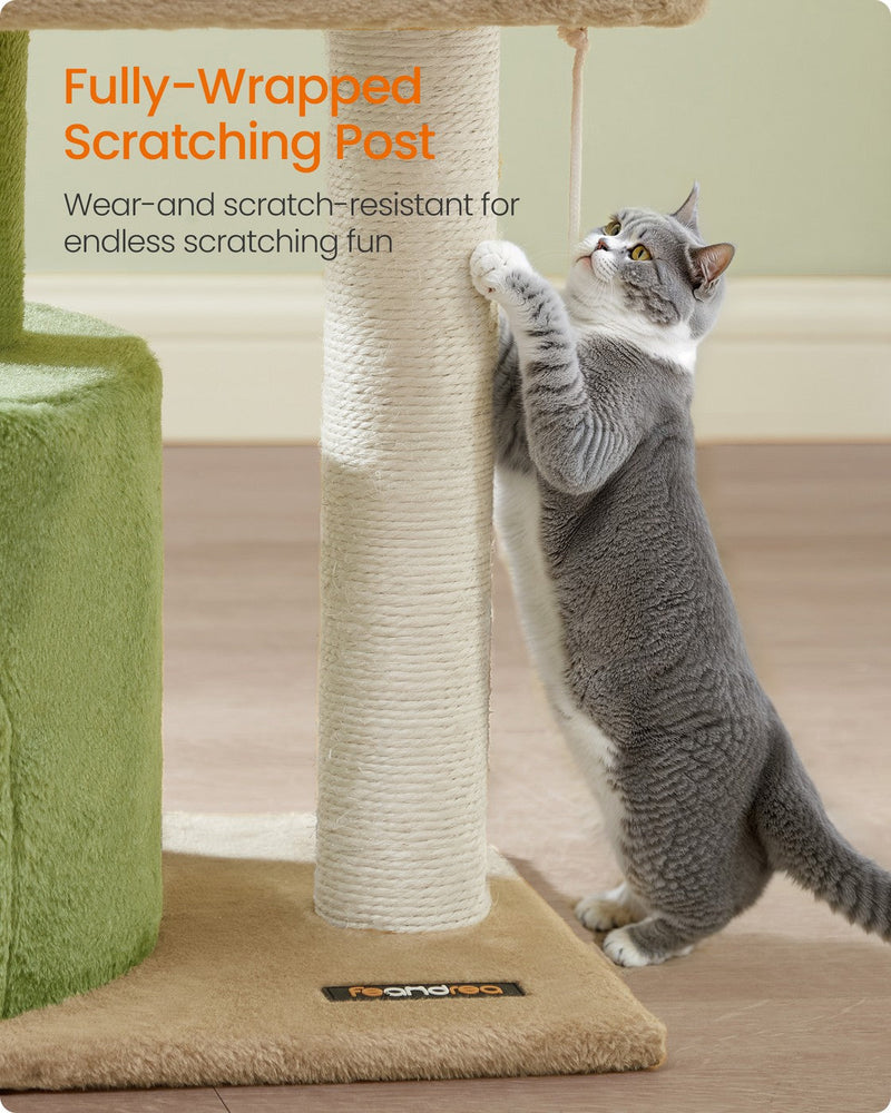 Cat scratching the fully wrapped sisal post of the Feandrea cat tree