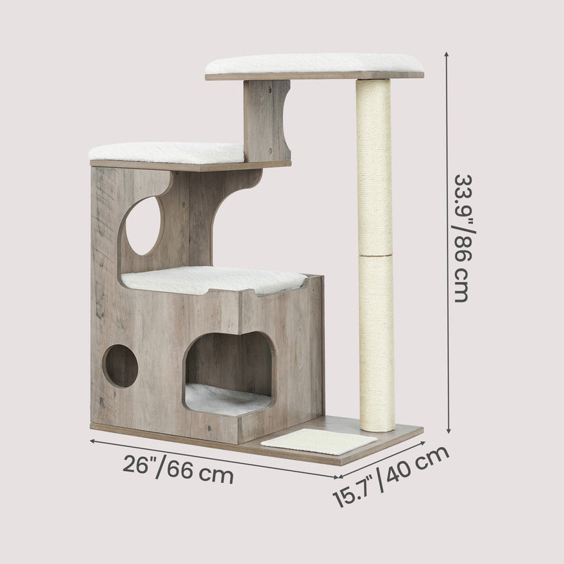 Feandrea cat tree cave with removable cushion, greige and white finish