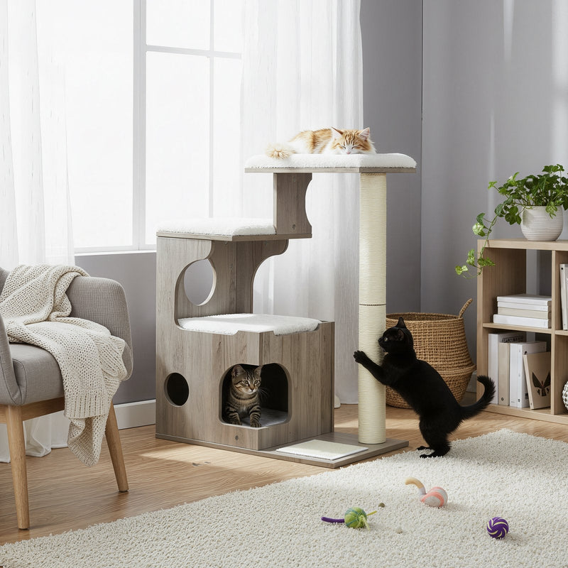 Cat resting on the top platform of the Feandrea 86cm cat tree