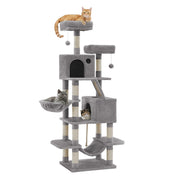 Three cats resting on the light grey cat tree's perch, basket and cave