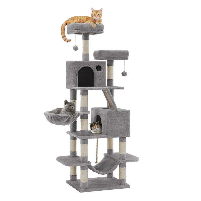 Three cats resting on the light grey cat tree's perch, basket and cave