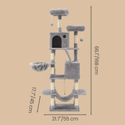 Dimensions diagram showing the light grey cat tree at 55 x 45 x 168 cm