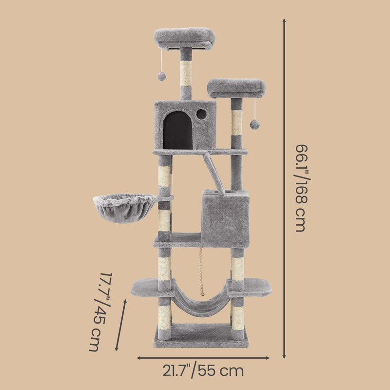 Dimensions diagram showing the light grey cat tree at 55 x 45 x 168 cm