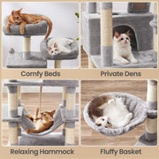 Four close-ups of the cat tree's padded beds, covered dens, hammock and fluffy basket