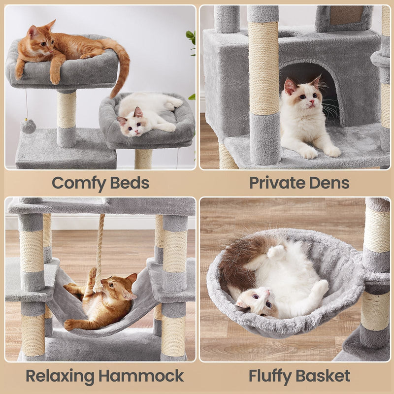 Four close-ups of the cat tree's padded beds, covered dens, hammock and fluffy basket