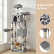 Light grey cat tree by a window with close-ups of its plush fabric and sisal post