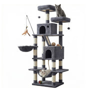 Grey cat on the top perch and a white cat in the hammock of the smoky grey cat tree