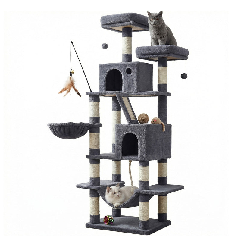 Grey cat on the top perch and a white cat in the hammock of the smoky grey cat tree