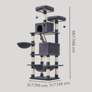 Dimensions diagram showing the smoky grey cat tree at 55 x 45 x 168 cm
