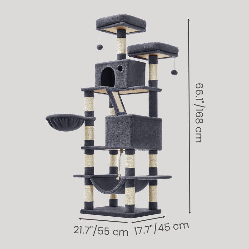 Dimensions diagram showing the smoky grey cat tree at 55 x 45 x 168 cm