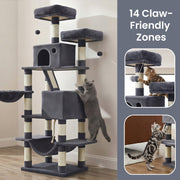 Cats scratching the sisal posts, shown alongside the tree's 14 claw-friendly zones