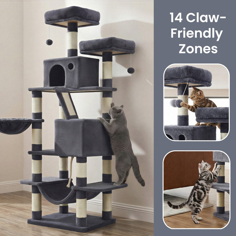Cats scratching the sisal posts, shown alongside the tree's 14 claw-friendly zones