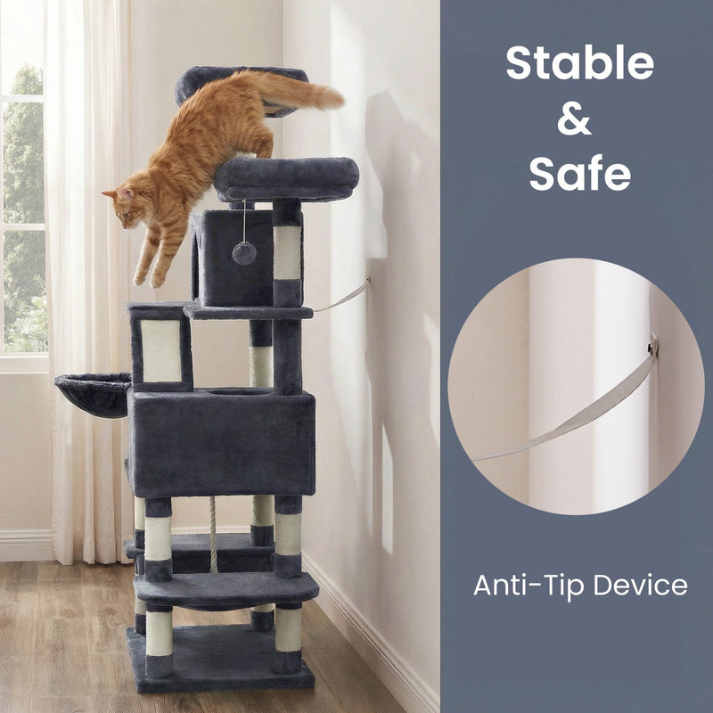 Anti-tip wall strap detail as a ginger cat jumps down the smoky grey cat tree