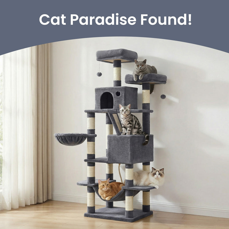 Four cats spread across the smoky grey cat tree beside a curtained window