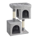 Light grey cat tree with 2 caves, a padded top perch and 2 sisal scratching posts