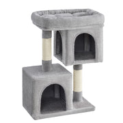 Light grey cat tree with 2 caves, a padded top perch and 2 sisal scratching posts