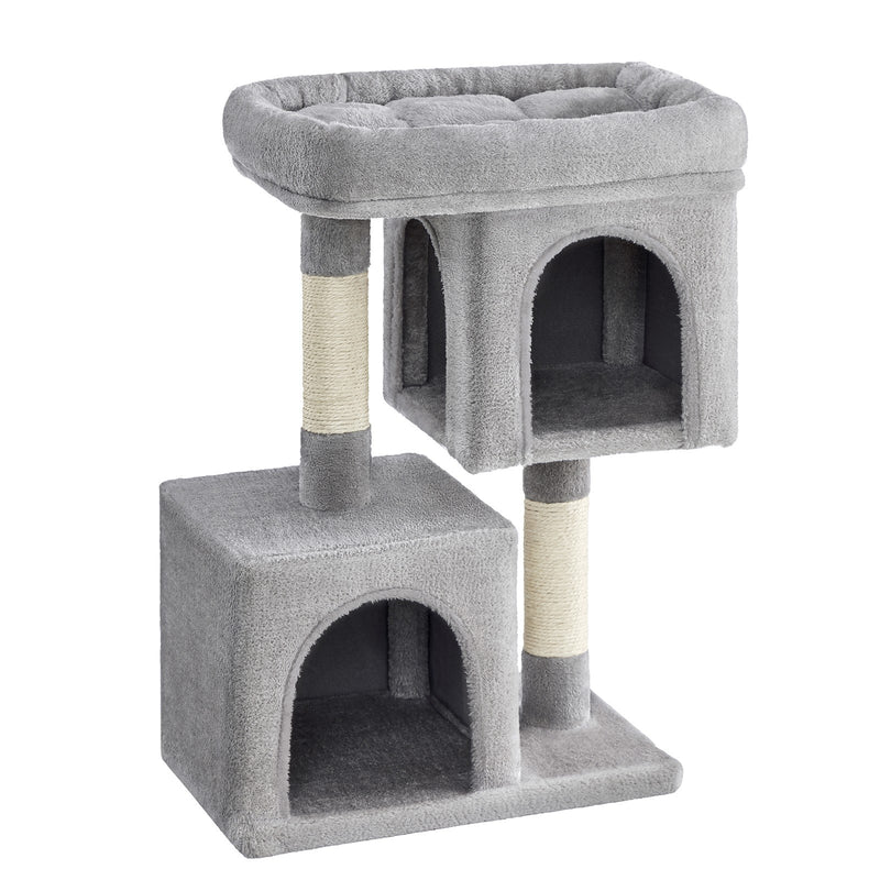 Light grey cat tree with 2 caves, a padded top perch and 2 sisal scratching posts