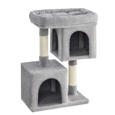 Light grey cat tree with 2 caves, a padded top perch and 2 sisal scratching posts