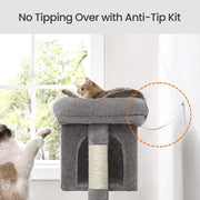 Graphic showing the anti-tip kit strap fixing the cat tree to the wall