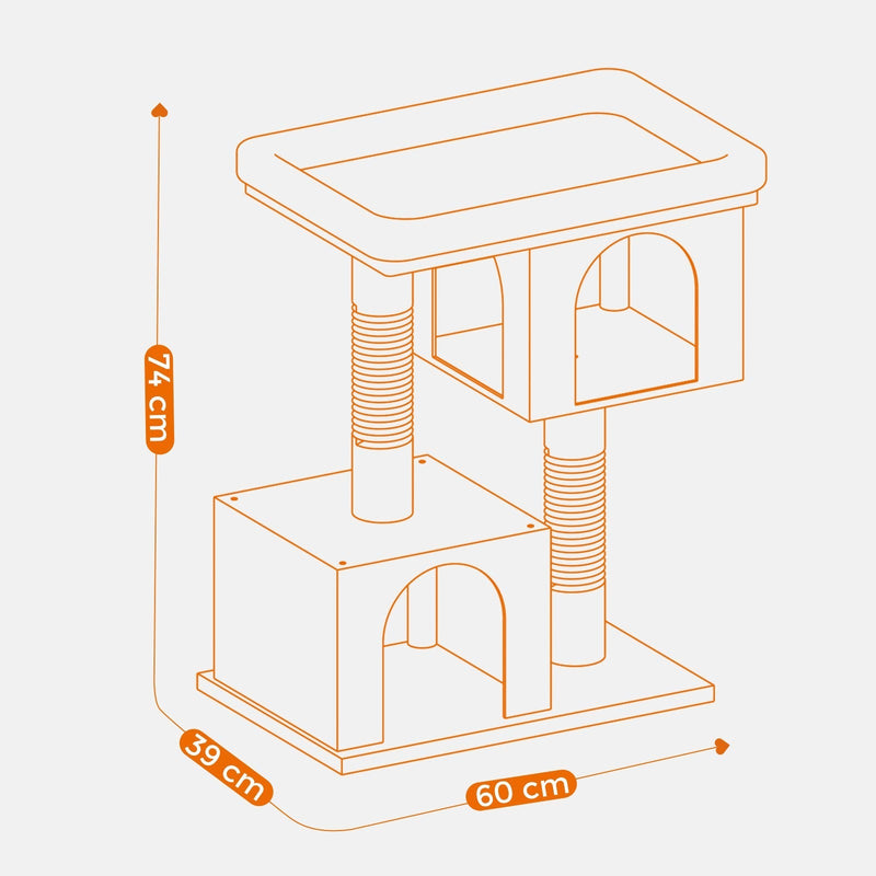 Line dimensions diagram: cat tree 60 cm wide, 39 cm deep and 74 cm tall