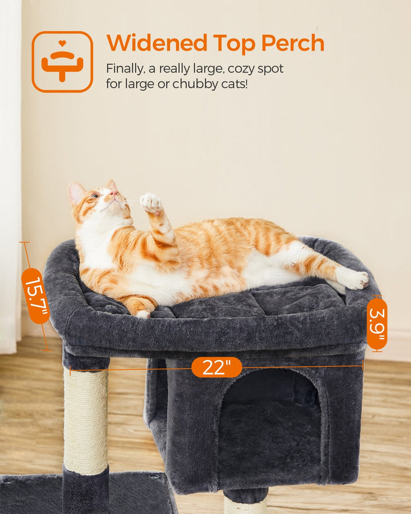 Close-up of a cat lying on the padded 56 x 40cm top perch of the cat tree