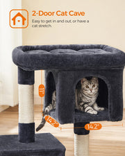 Close-up of a cat inside the 2-door upper cave of the cat tree