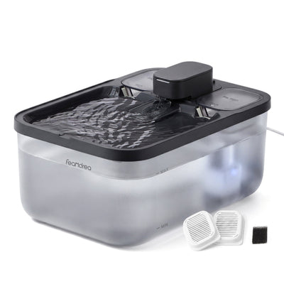 Black cat water fountain with two filter cartridges and a filter pad on a white background
